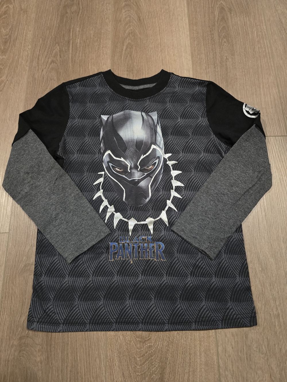 Marvel Black Panther Boys Layered Long Sleeve Graphic Shirt Black Gray Size 6/7